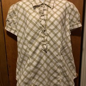 New York & Company White and Green Plaid Blouse